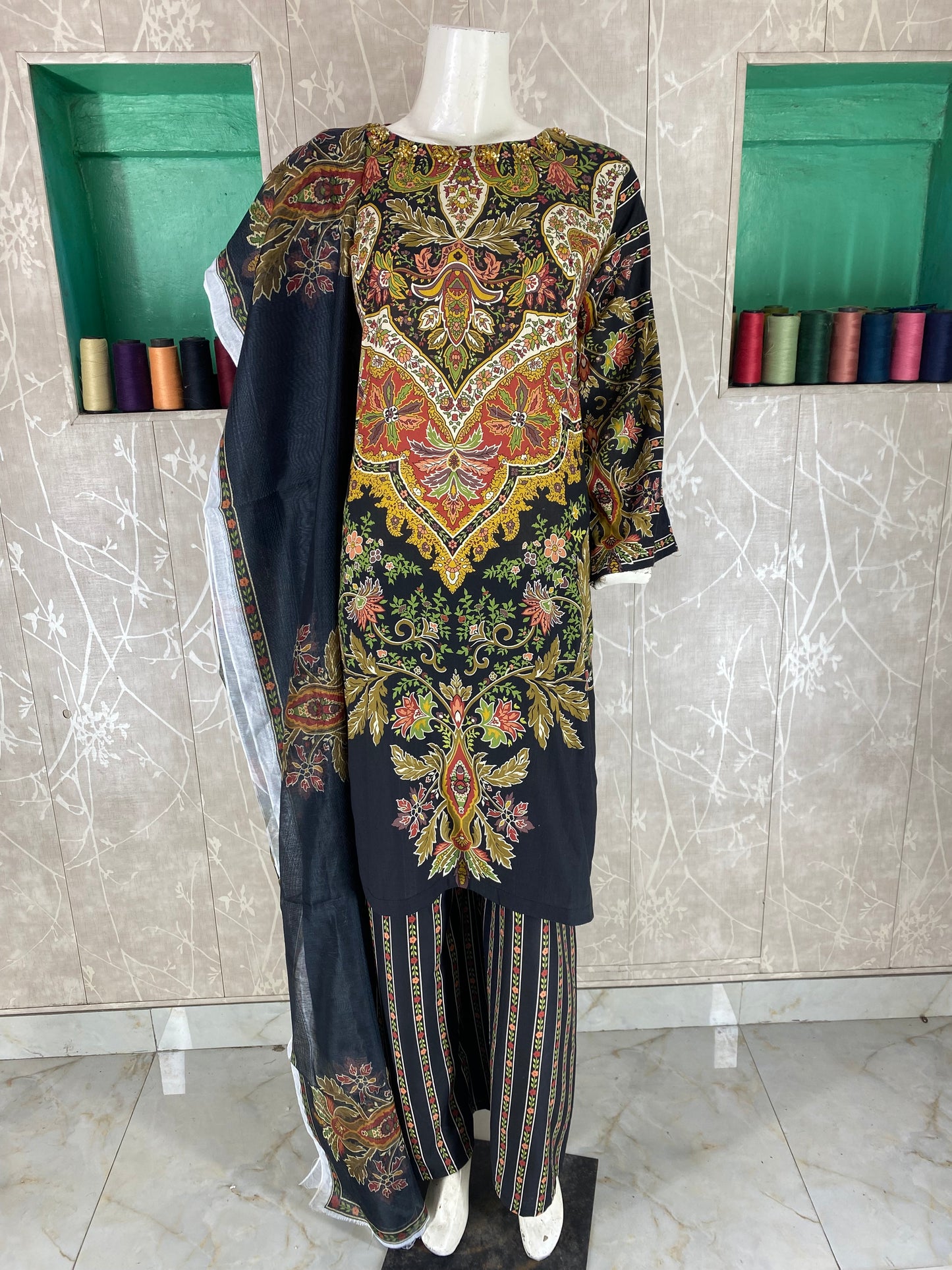 3PC Stitched Suit – Digital Printed Premium Lawn with Hand Embellished Neckline