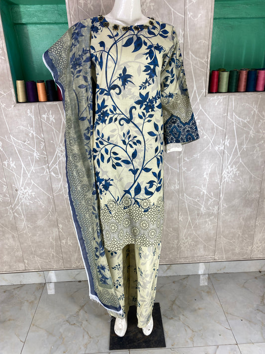 3PC Stitched Suit – Digital Printed Premium Lawn with Hand Embellished Neckline