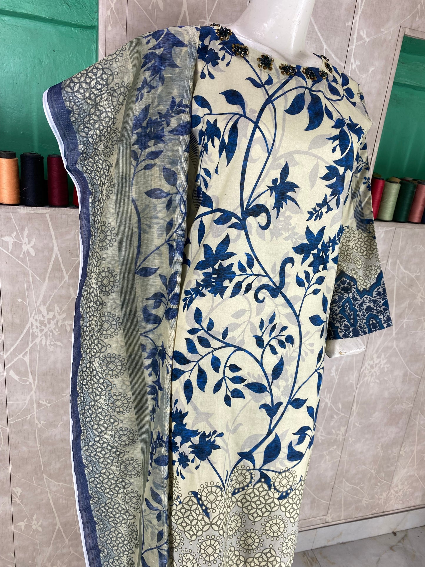 3PC Stitched Suit – Digital Printed Premium Lawn with Hand Embellished Neckline