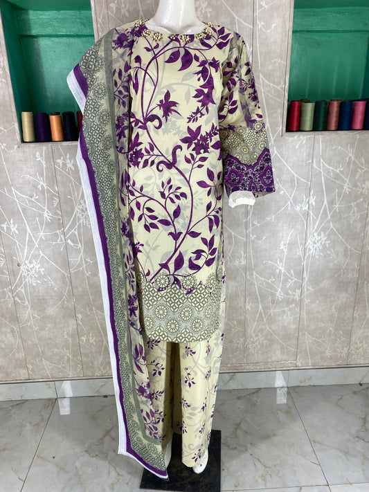 3PC Stitched Suit – Digital Printed Premium Lawn with Hand Embellished Neckline
