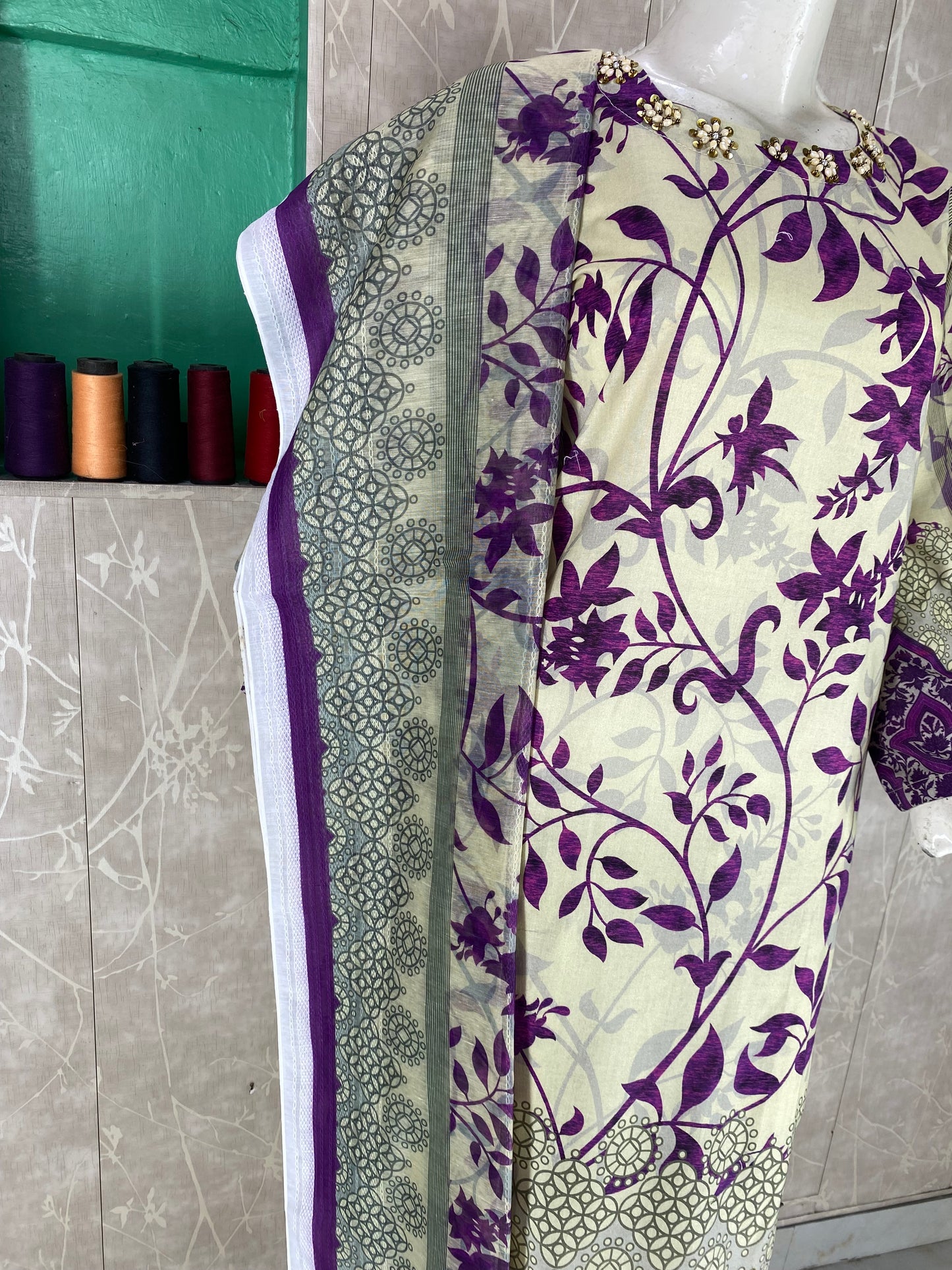 3PC Stitched Suit – Digital Printed Premium Lawn with Hand Embellished Neckline