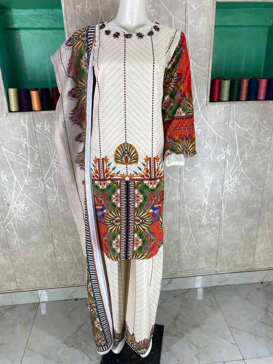 3PC Stitched Suit – Digital Printed Premium Lawn with Hand Embellished Neckline