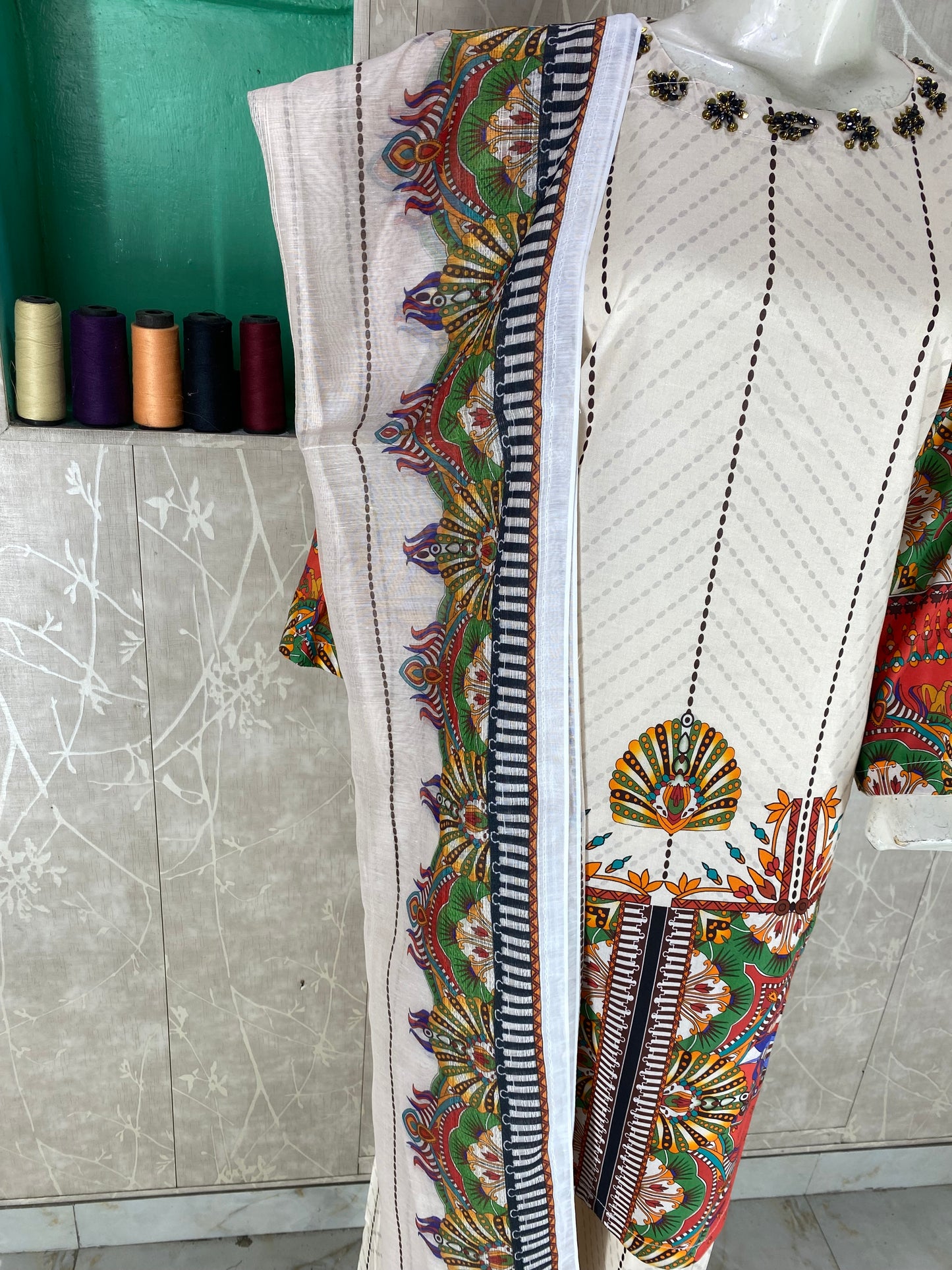 3PC Stitched Suit – Digital Printed Premium Lawn with Hand Embellished Neckline