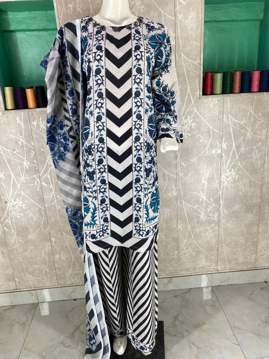 3PC Stitched Suit – Digital Printed Premium Lawn with Hand Embellished Neckline