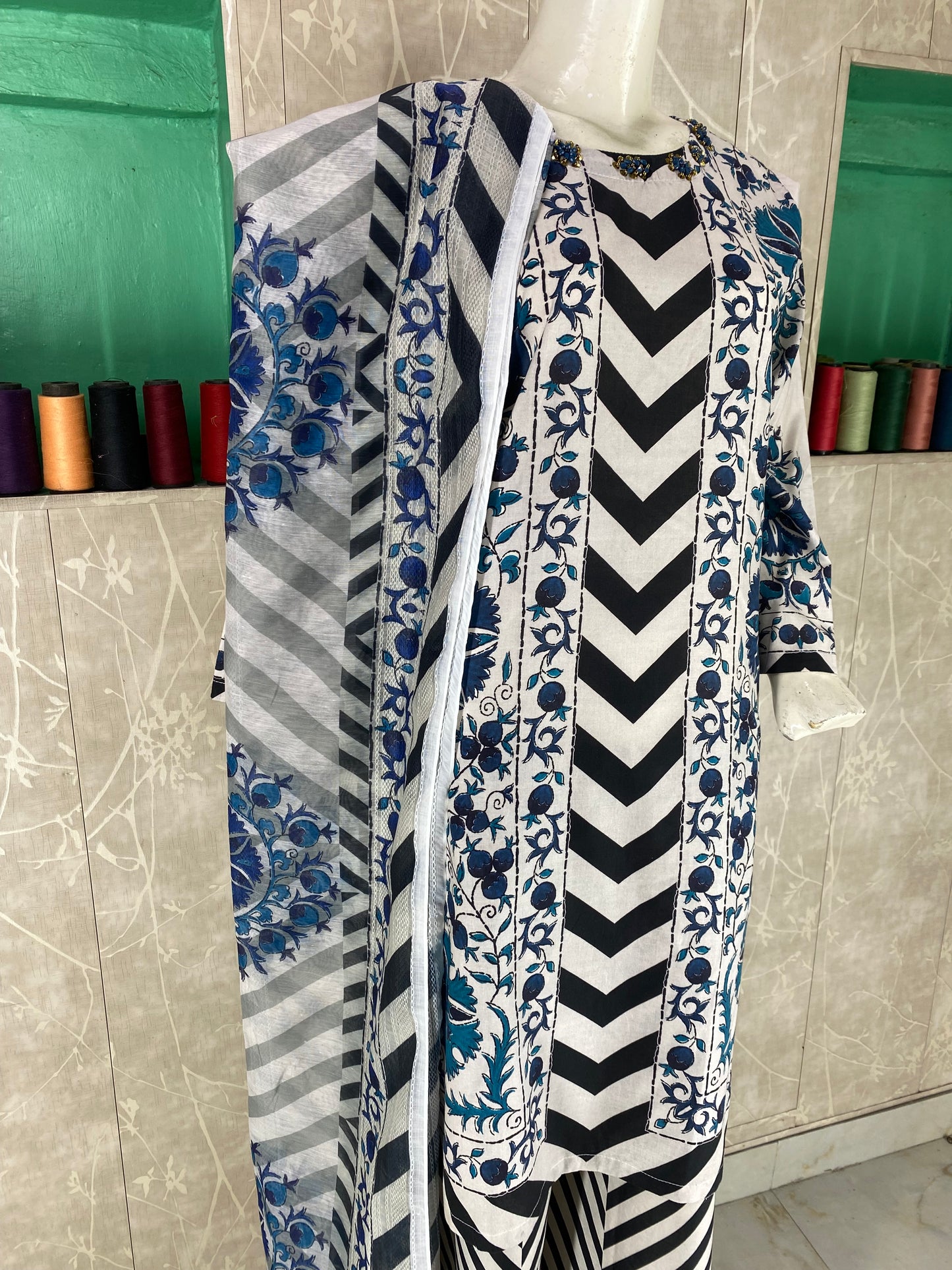 3PC Stitched Suit – Digital Printed Premium Lawn with Hand Embellished Neckline