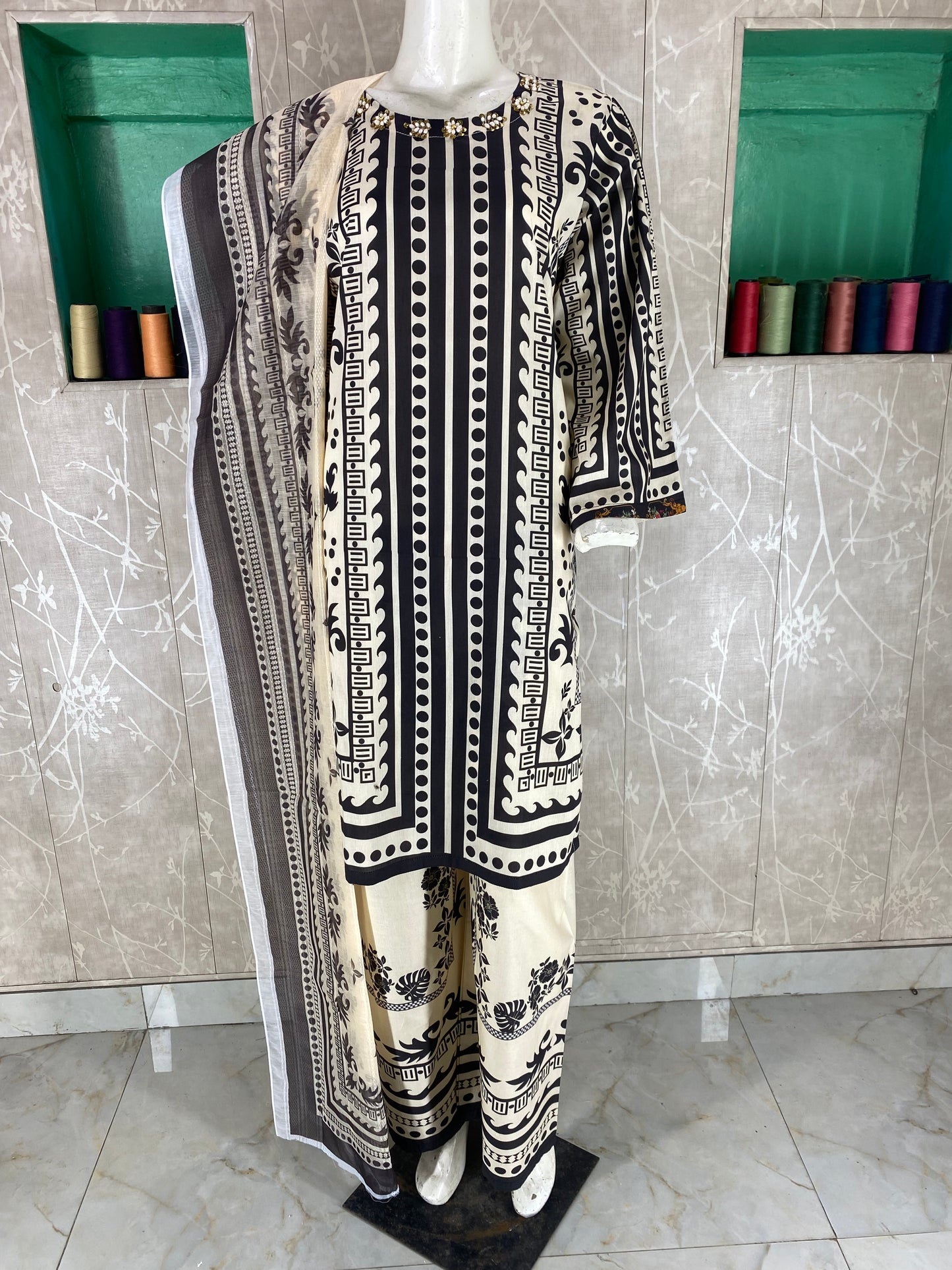 3PC Stitched Suit – Digital Printed Premium Lawn with Hand Embellished Neckline