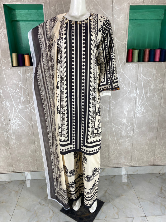 3PC Stitched Suit – Digital Printed Premium Lawn with Hand Embellished Neckline