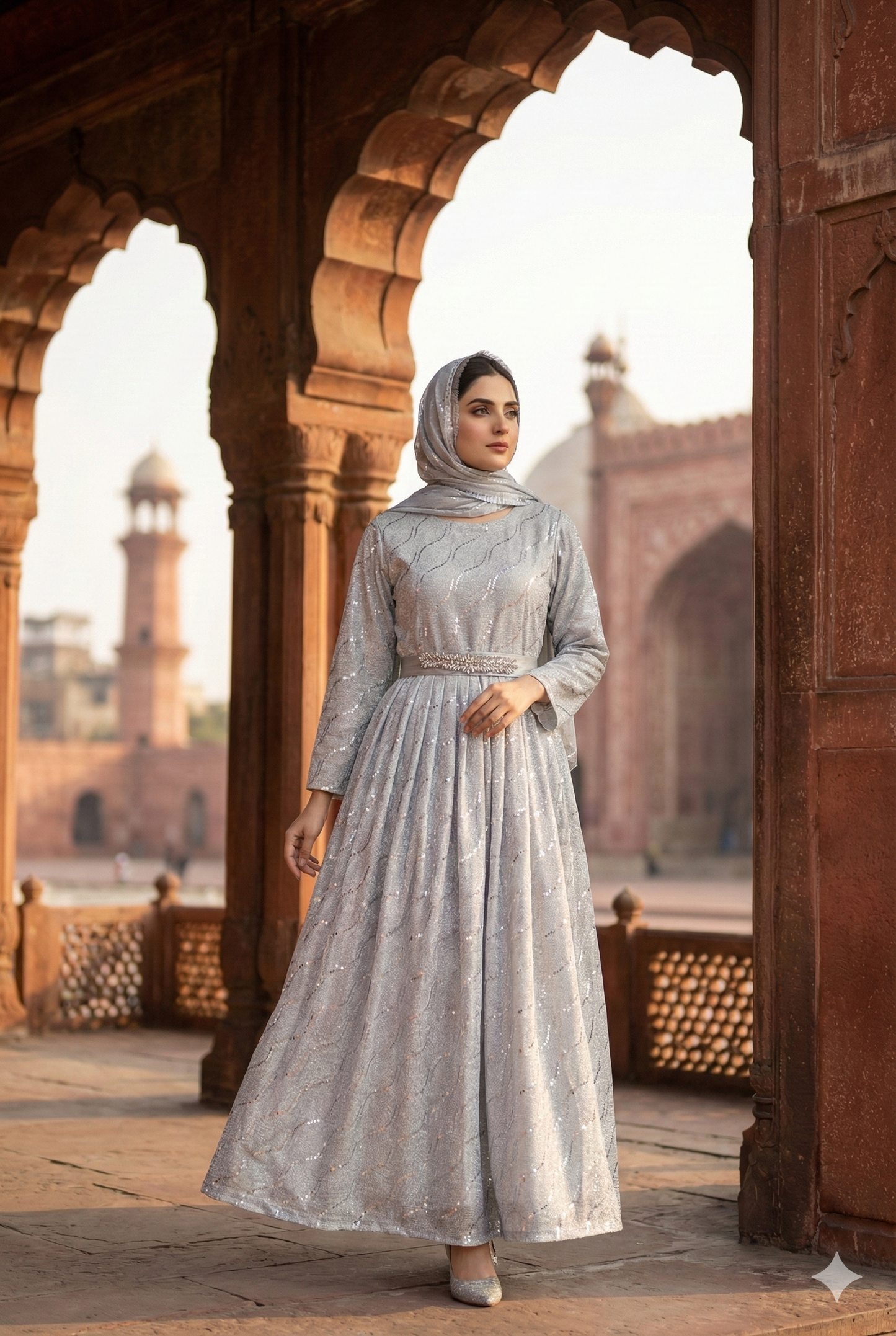 3-PC Silver Moonlight Stitched Maxi with Wave Pattern