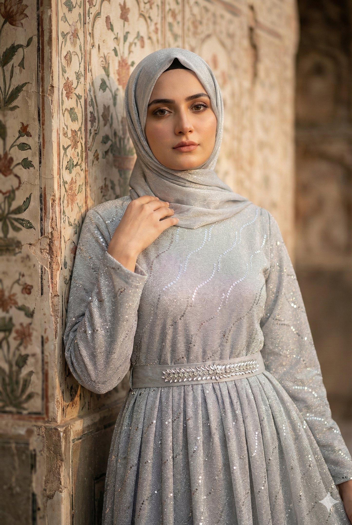 3-PC Silver Moonlight Stitched Maxi with Wave Pattern