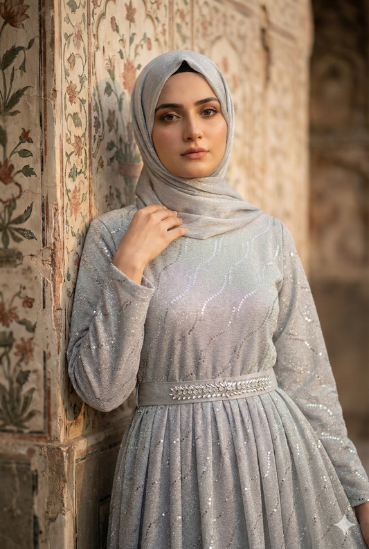 3-PC Silver Moonlight Stitched Maxi with Wave Pattern