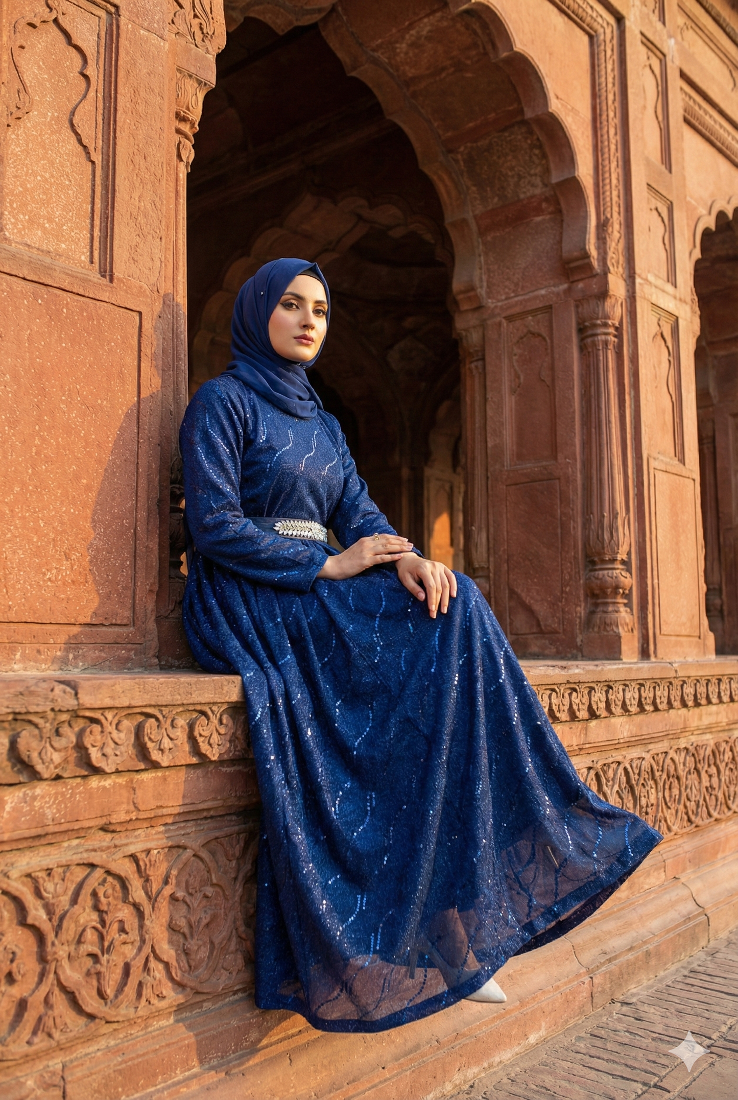 3-PC Blue Moonlight Stitched Maxi with Wave Pattern