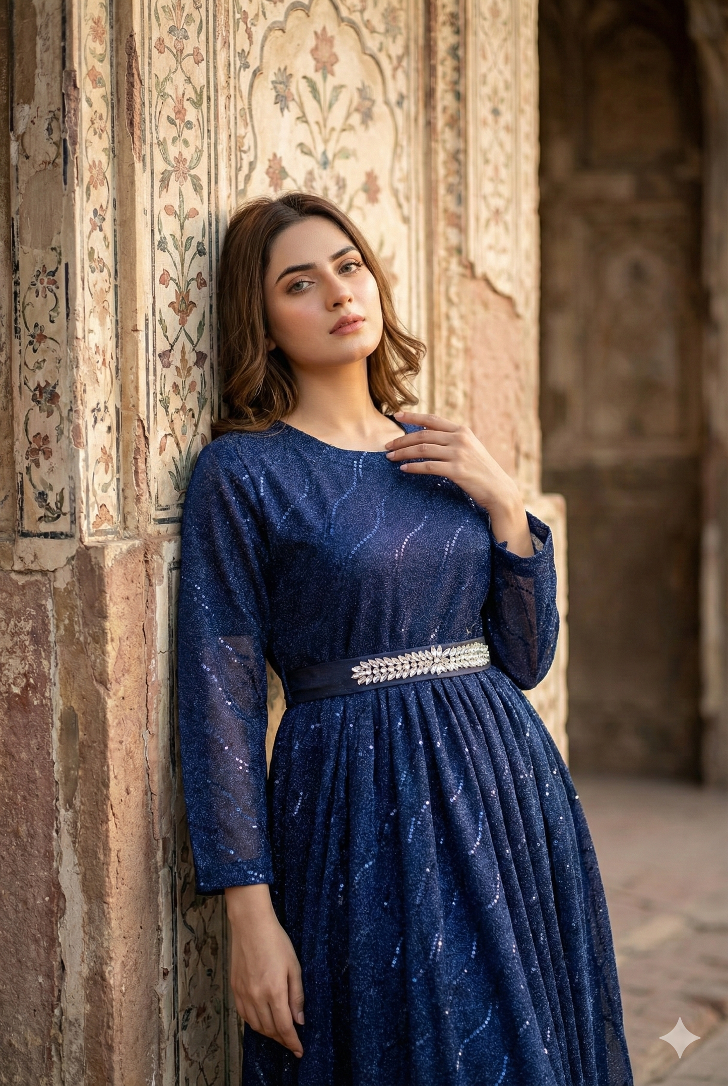 3-PC Blue Moonlight Stitched Maxi with Wave Pattern