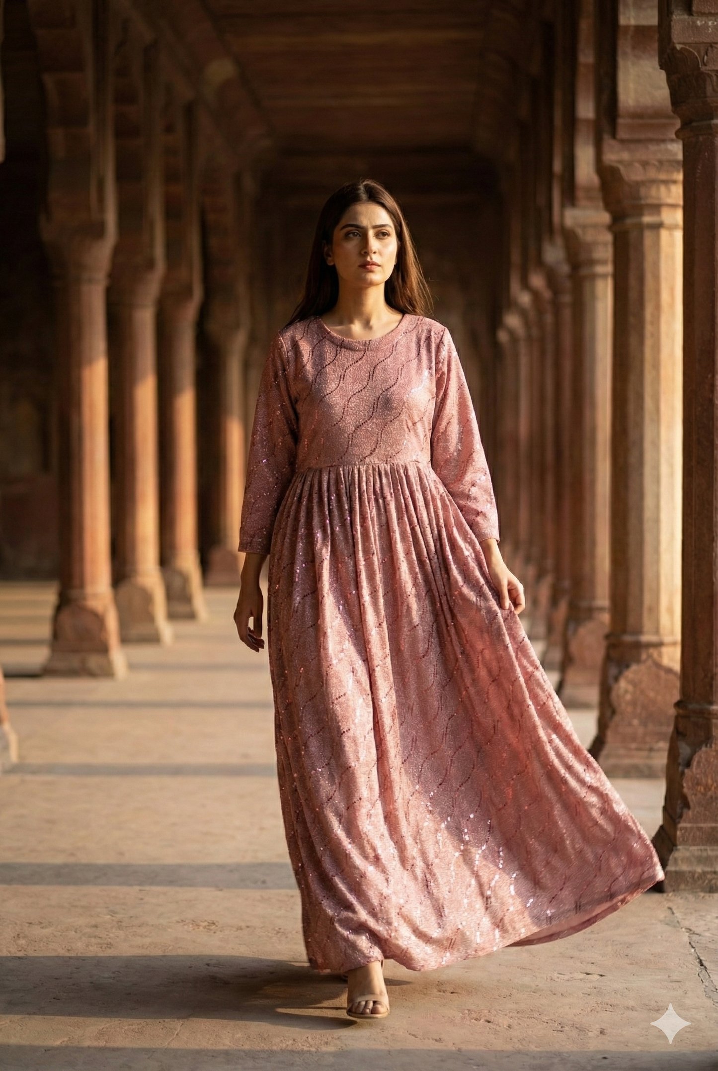 3-PC Pink Moonlight Stitched Maxi with Wave Pattern