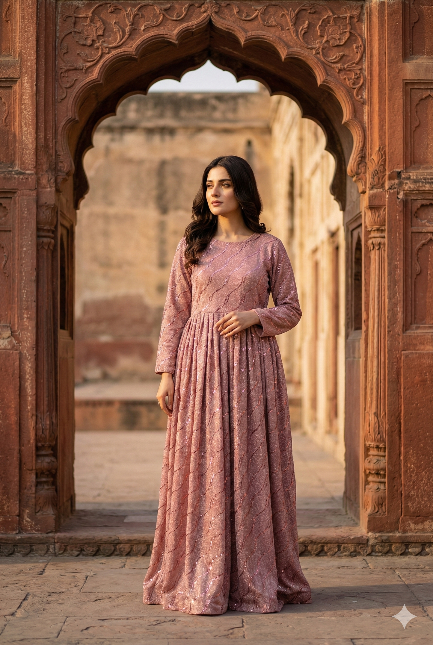 3-PC Pink Moonlight Stitched Maxi with Wave Pattern