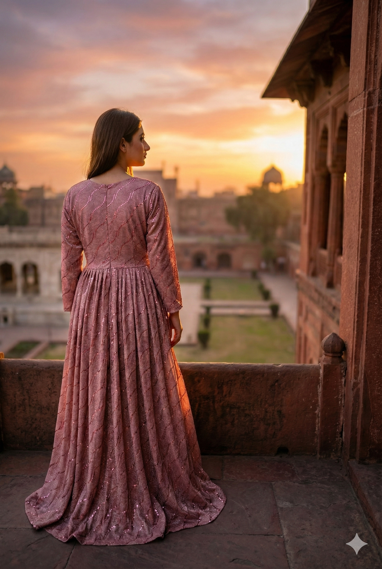 3-PC Pink Moonlight Stitched Maxi with Wave Pattern