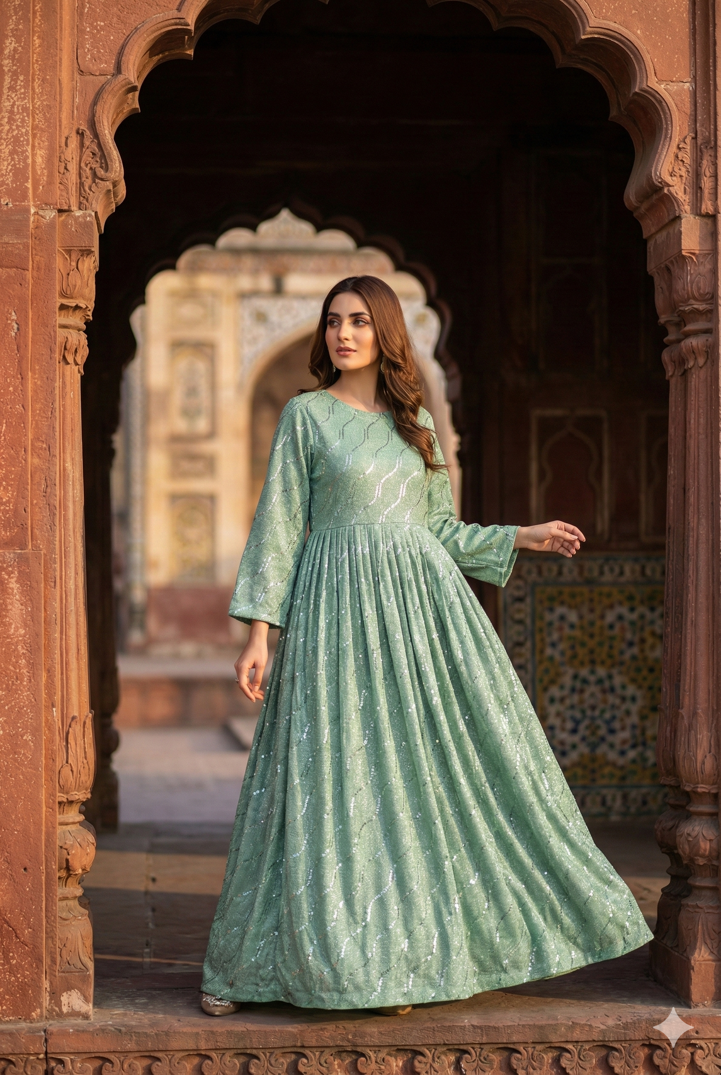 3-PC Pistachio Green Moonlight Stitched Maxi with Wave Pattern