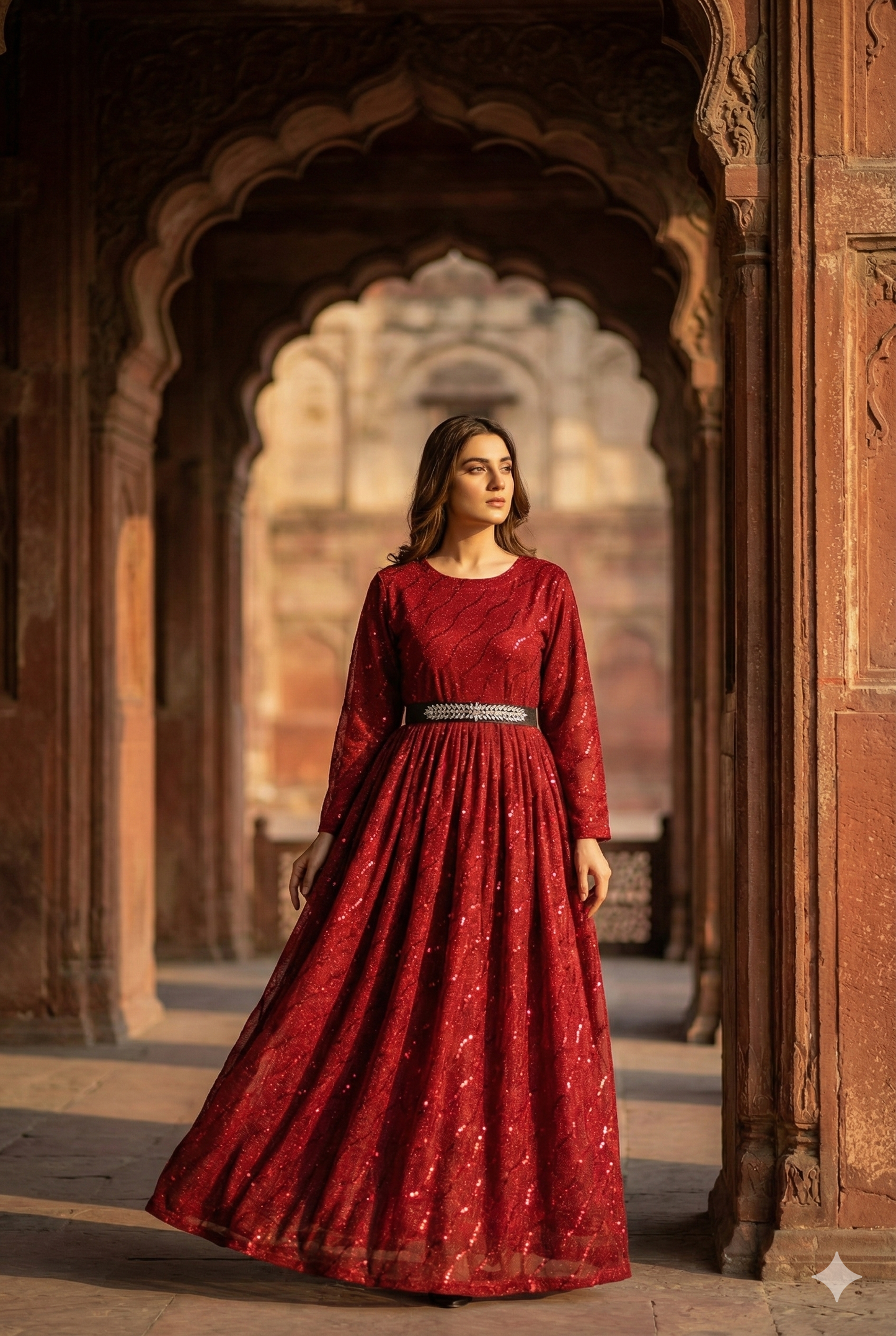 3-PC Maroon Moonlight Stitched Maxi with Wave Pattern