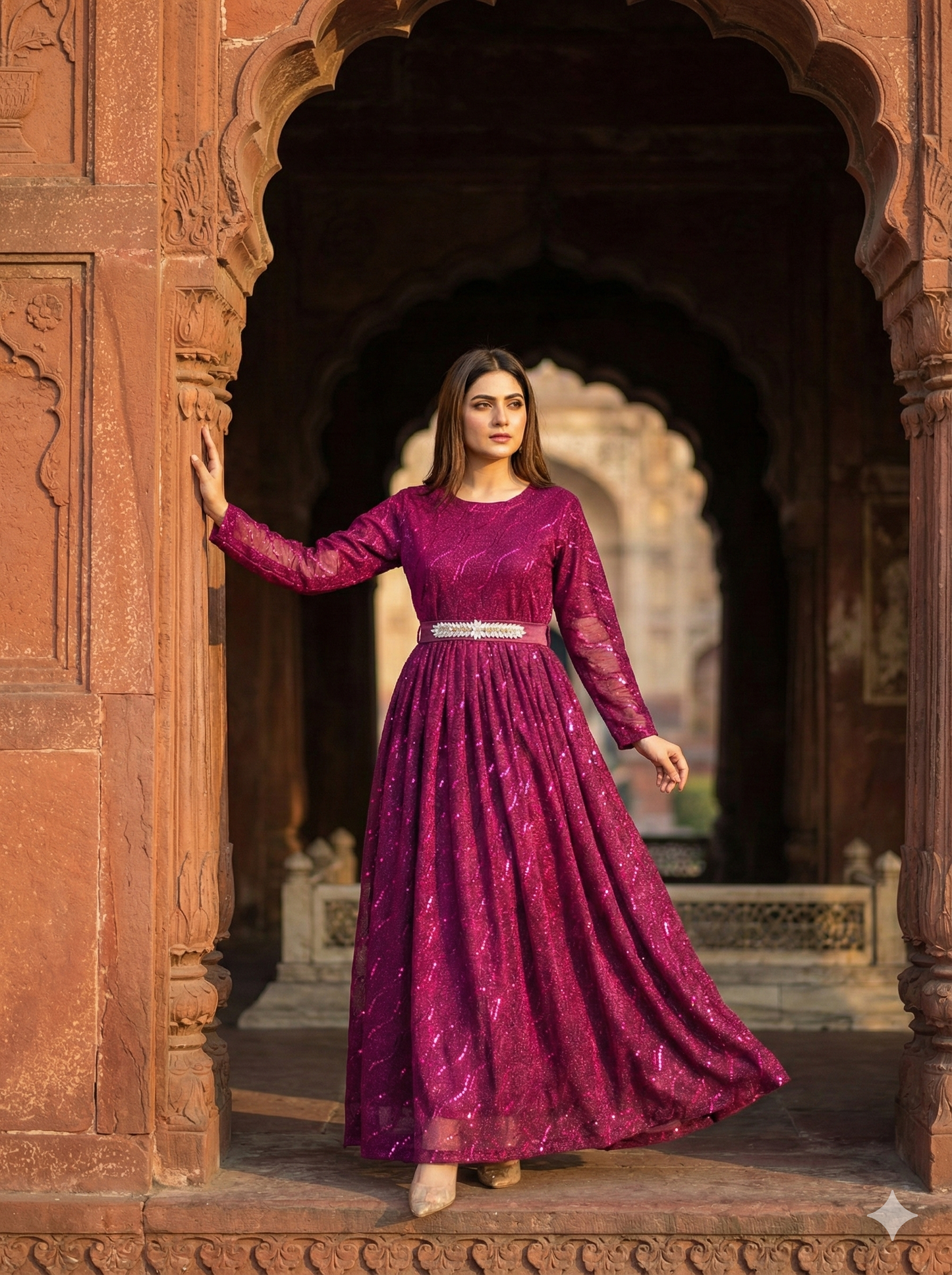 3-PC Magenta Moonlight Stitched Maxi with Wave Pattern