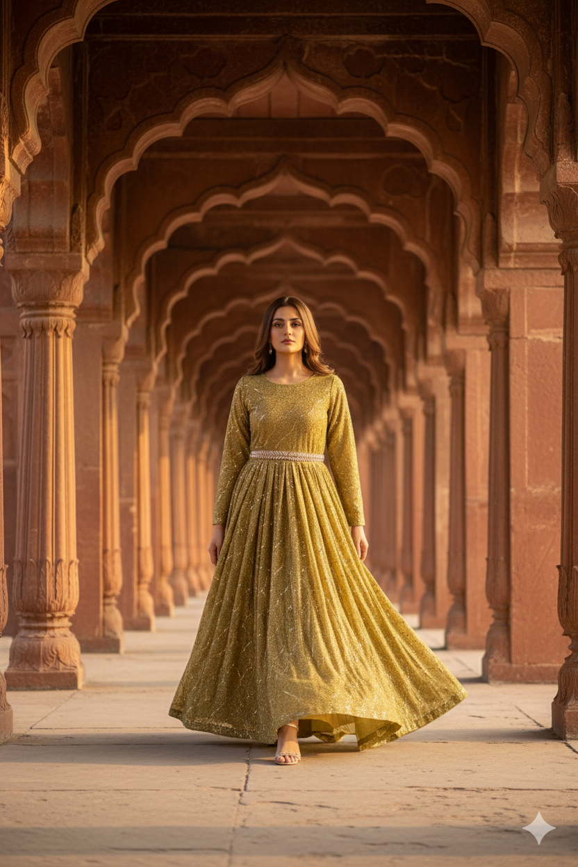 3-PC Golden Moonlight Stitched Maxi with Wave Pattern