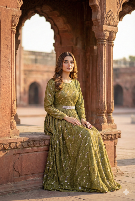 3-PC Mehndi Moonlight Stitched Maxi with Wave Pattern