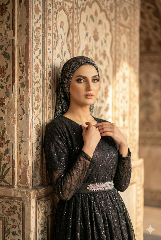 3-PC Black Moonlight Stitched Maxi with Wave Pattern