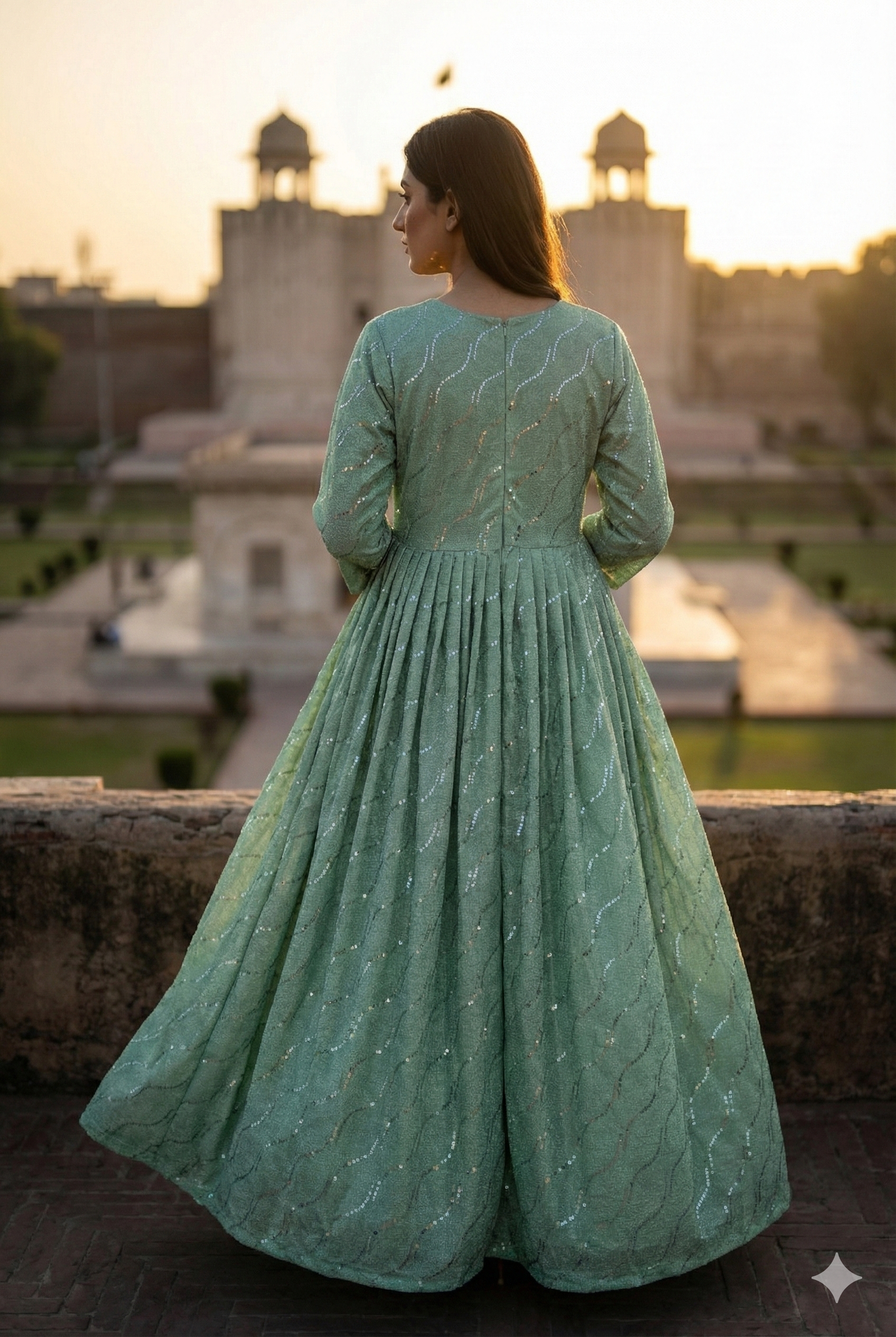 3-PC Pistachio Green Moonlight Stitched Maxi with Wave Pattern