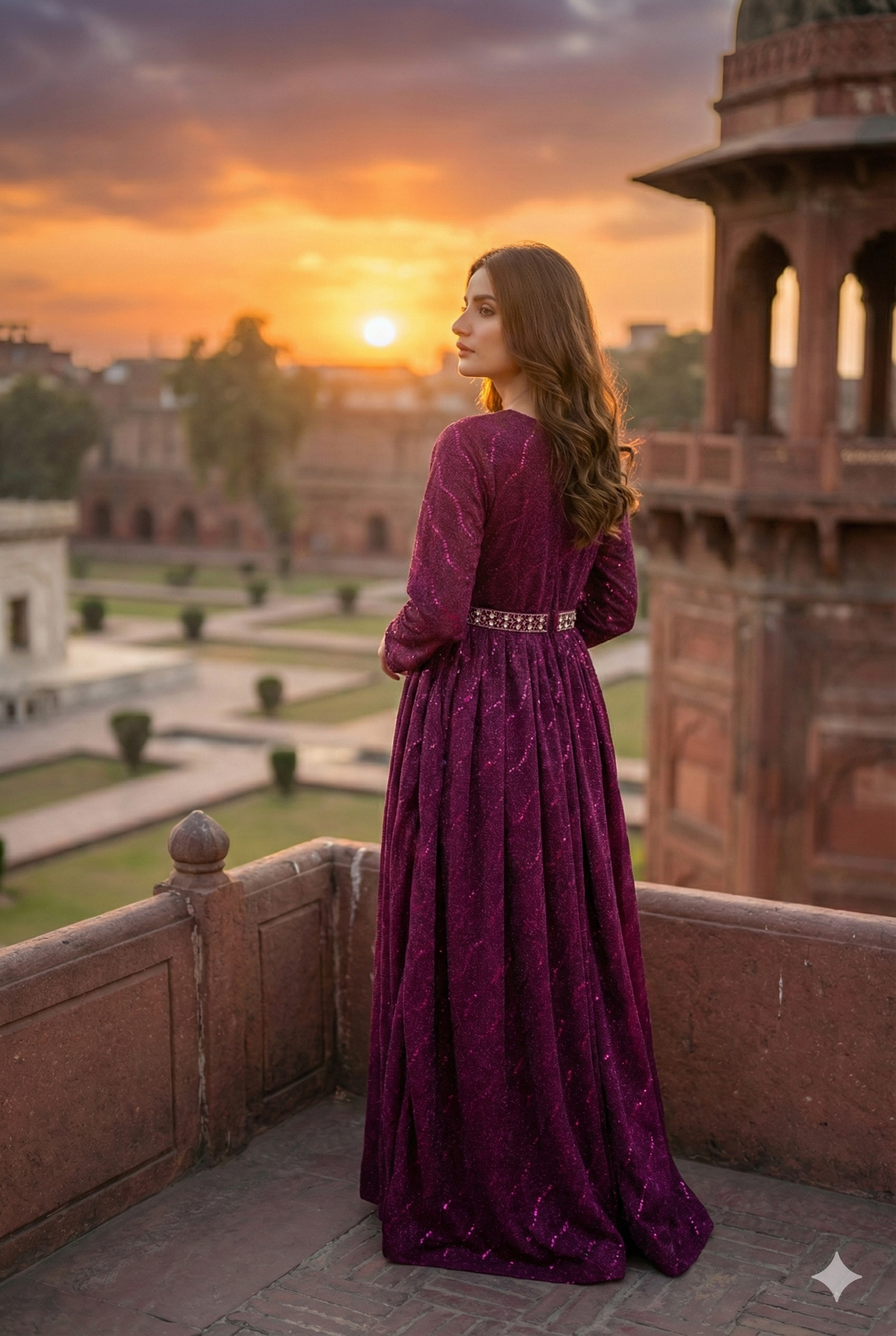 3-PC Magenta Moonlight Stitched Maxi with Wave Pattern