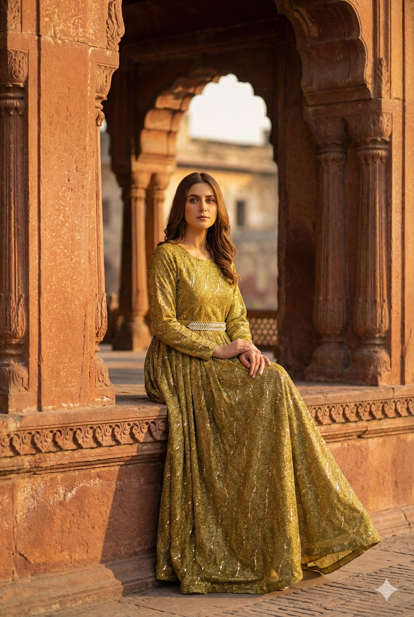 3-PC Golden Moonlight Stitched Maxi with Wave Pattern