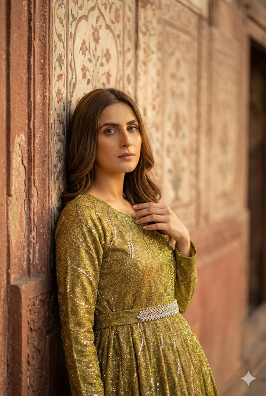 3-PC Mehndi Moonlight Stitched Maxi with Wave Pattern