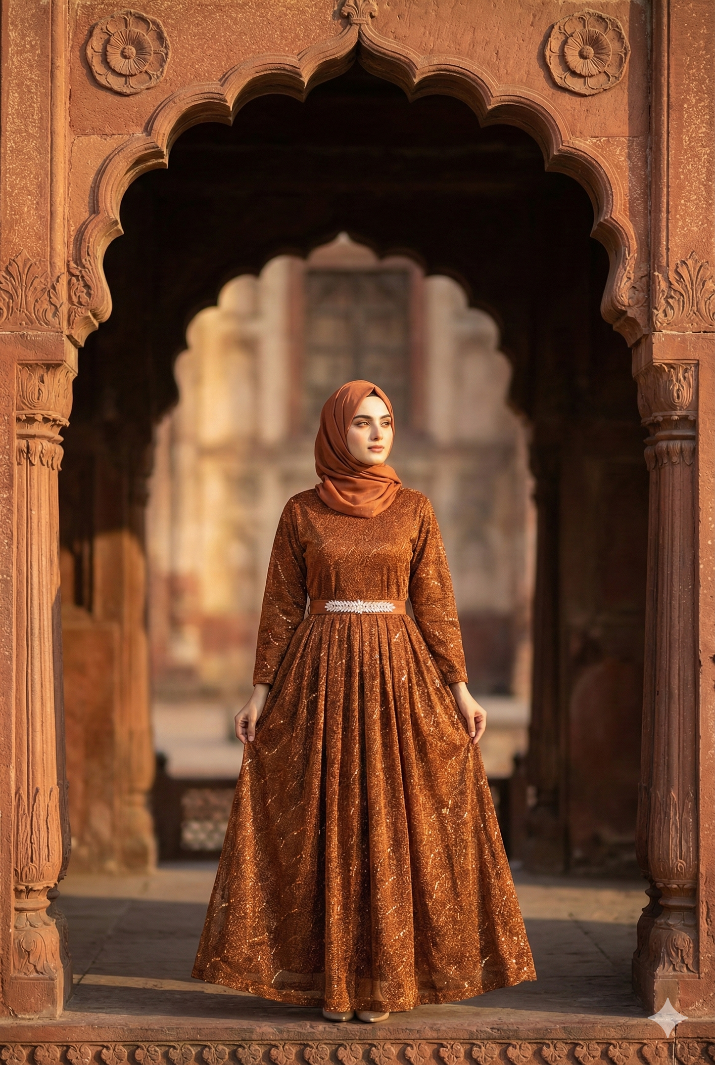 3-PC Coper Moonlight Stitched Maxi with Wave Pattern