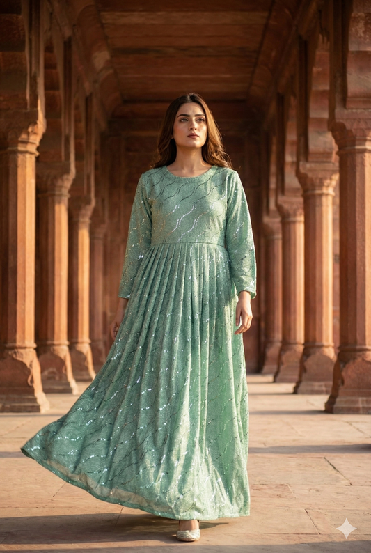 3-PC Pistachio Green Moonlight Stitched Maxi with Wave Pattern