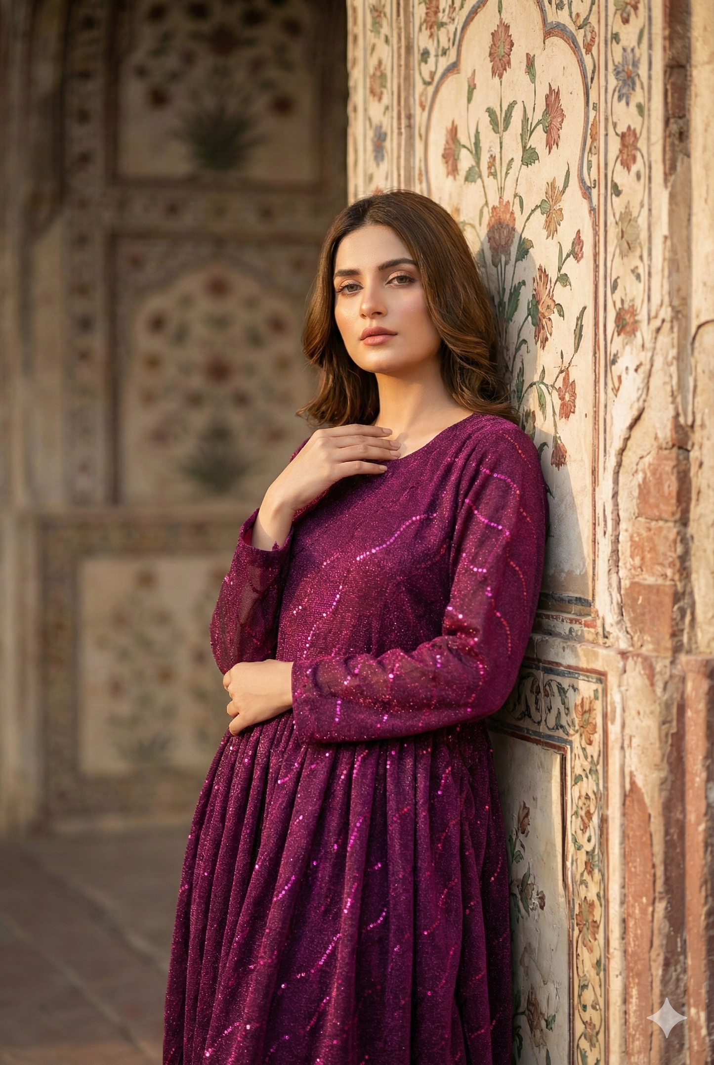 3-PC Magenta Moonlight Stitched Maxi with Wave Pattern