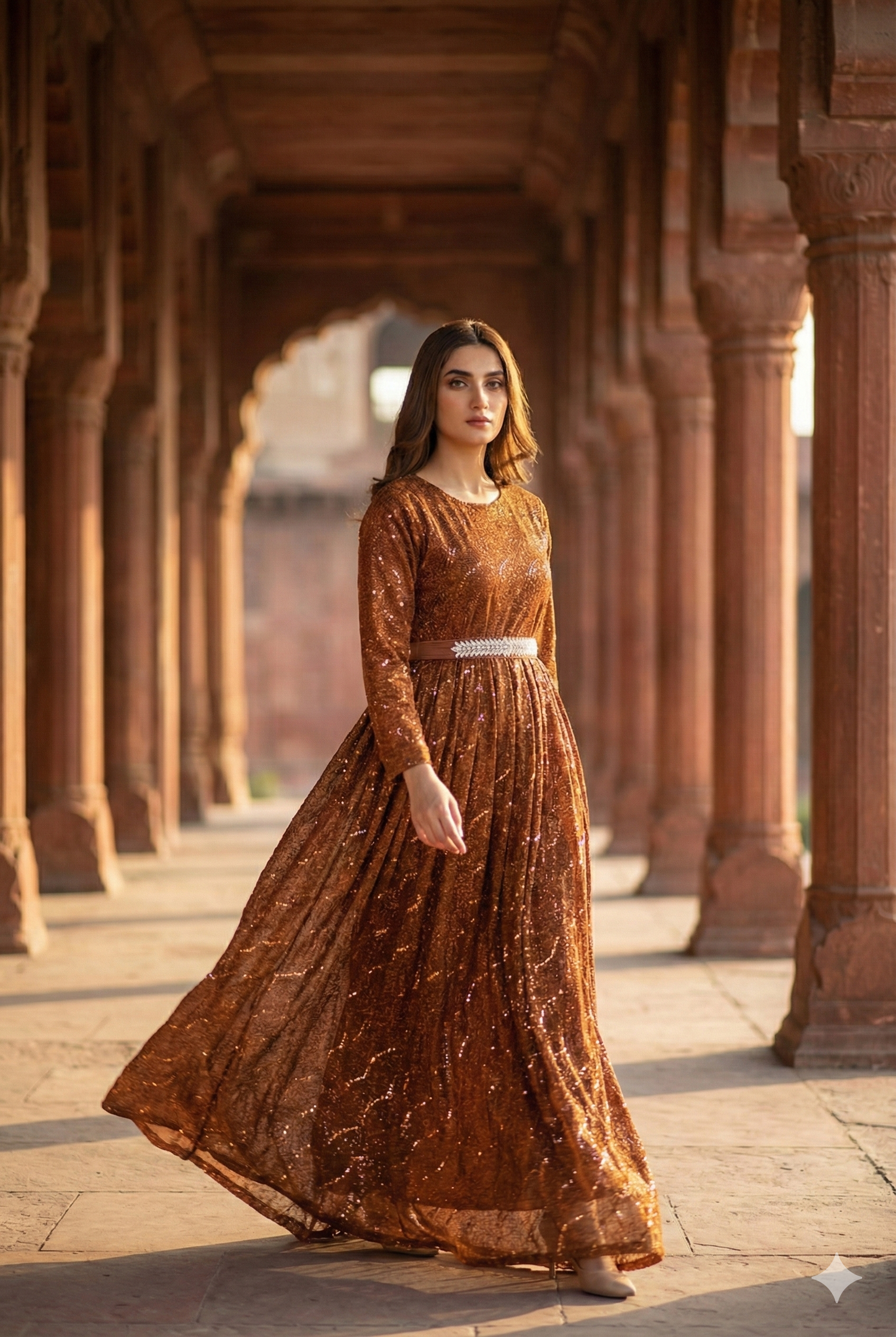 3-PC Coper Moonlight Stitched Maxi with Wave Pattern