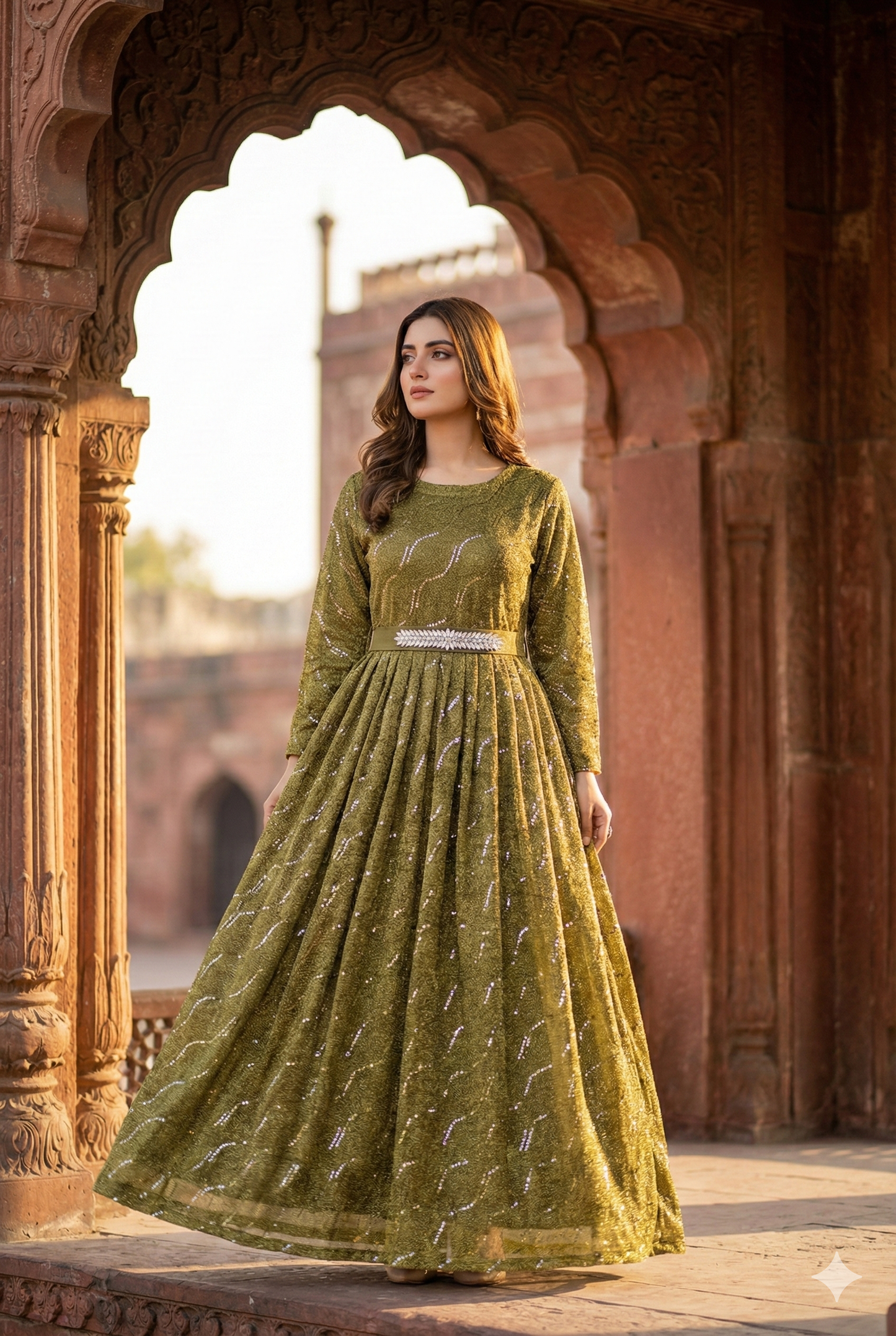 3-PC Mehndi Moonlight Stitched Maxi with Wave Pattern