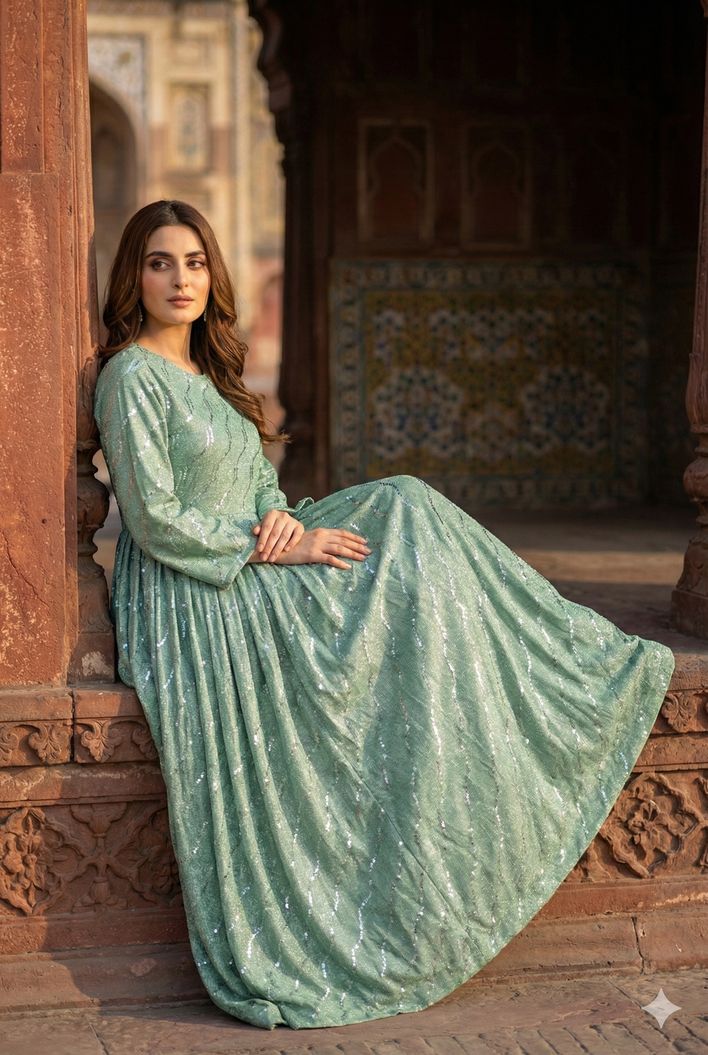 3-PC Pistachio Green Moonlight Stitched Maxi with Wave Pattern