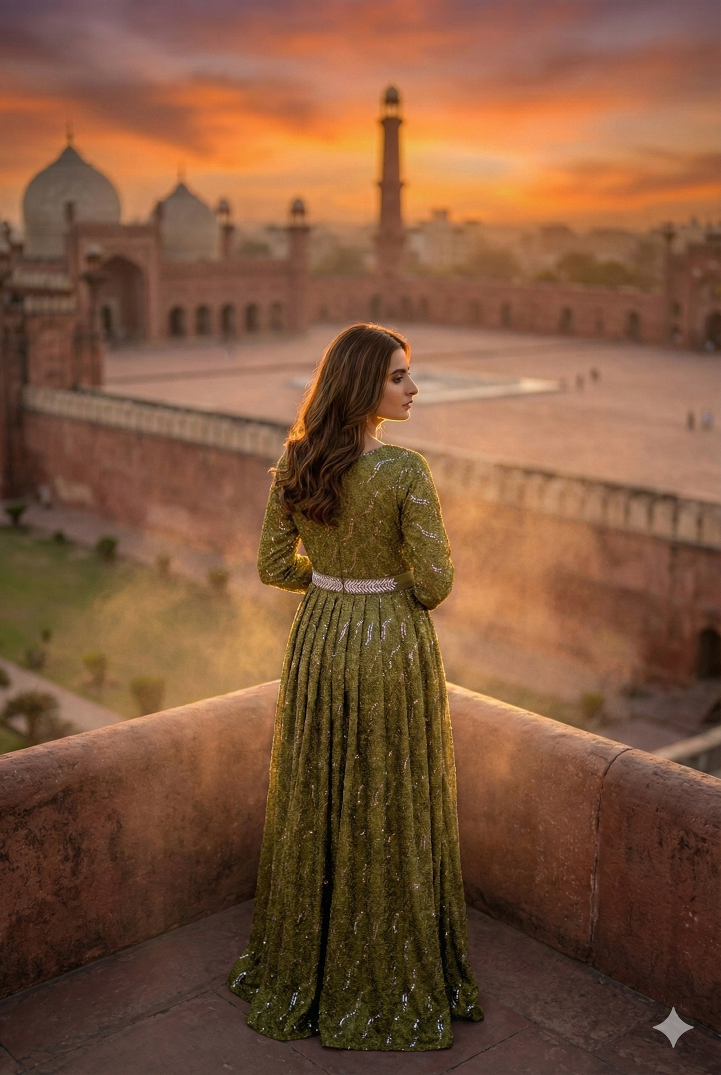 3-PC Mehndi Moonlight Stitched Maxi with Wave Pattern