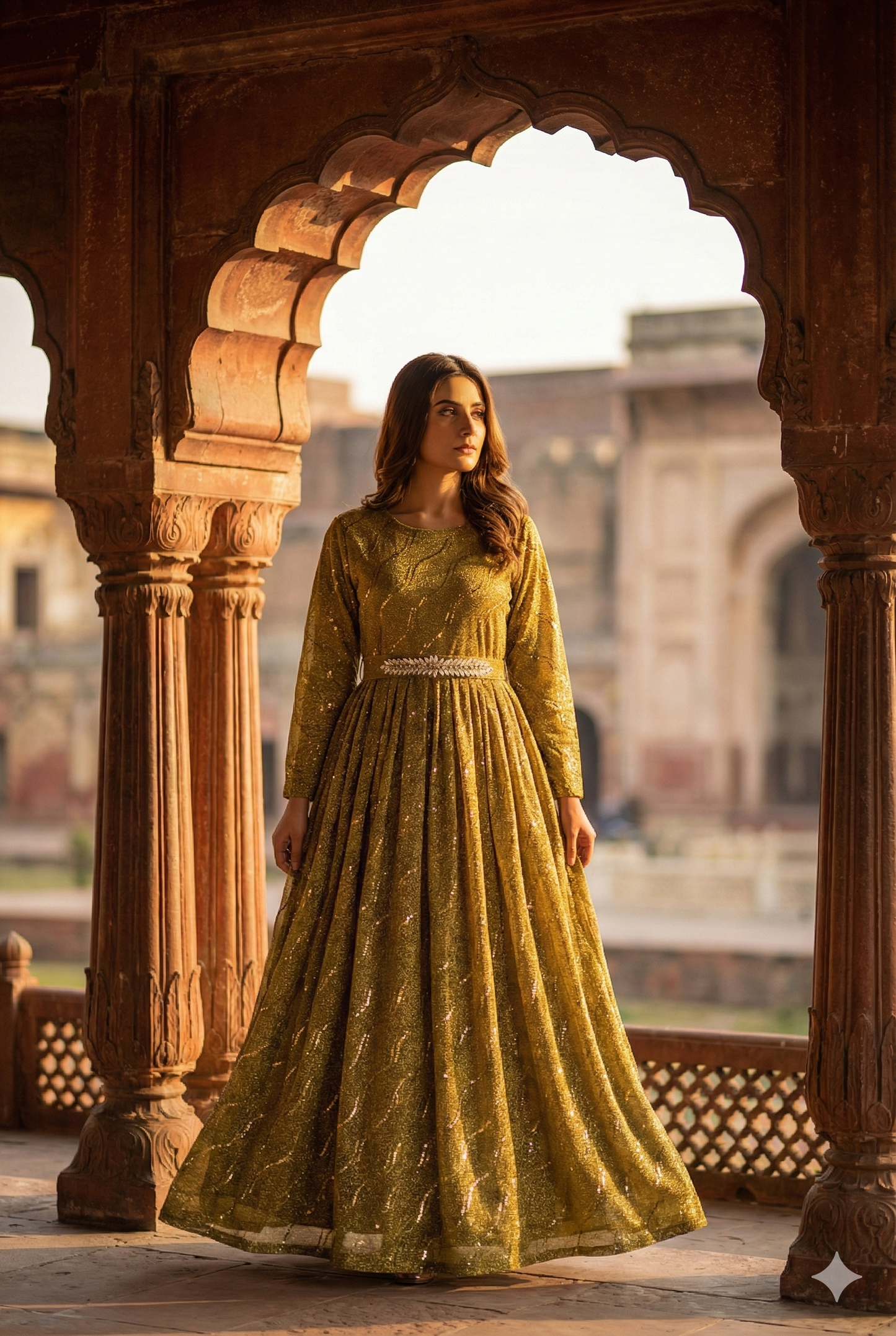 3-PC Golden Moonlight Stitched Maxi with Wave Pattern