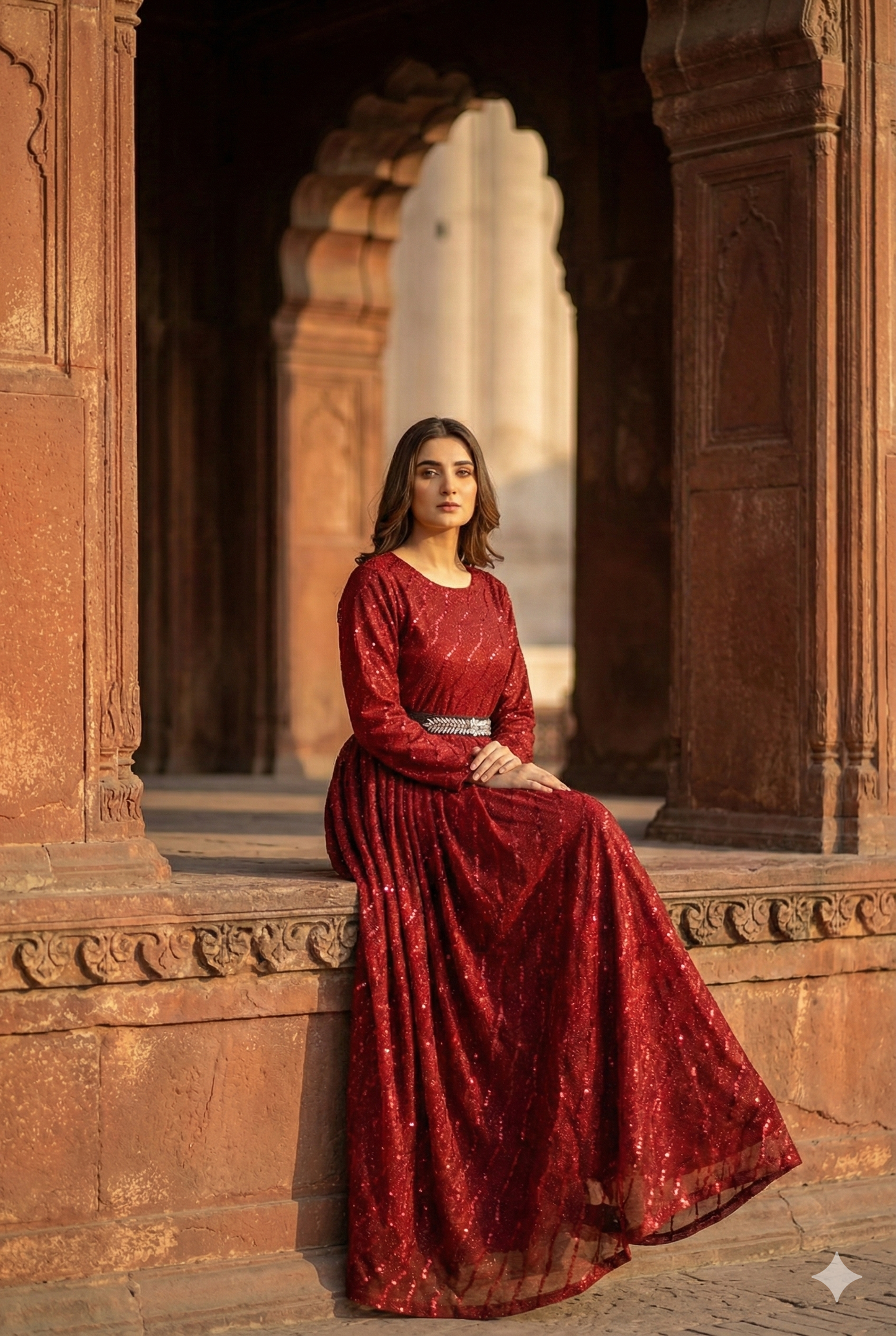 3-PC Maroon Moonlight Stitched Maxi with Wave Pattern