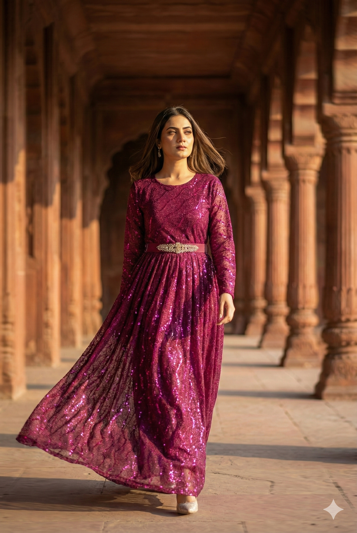 3-PC Magenta Moonlight Stitched Maxi with Wave Pattern