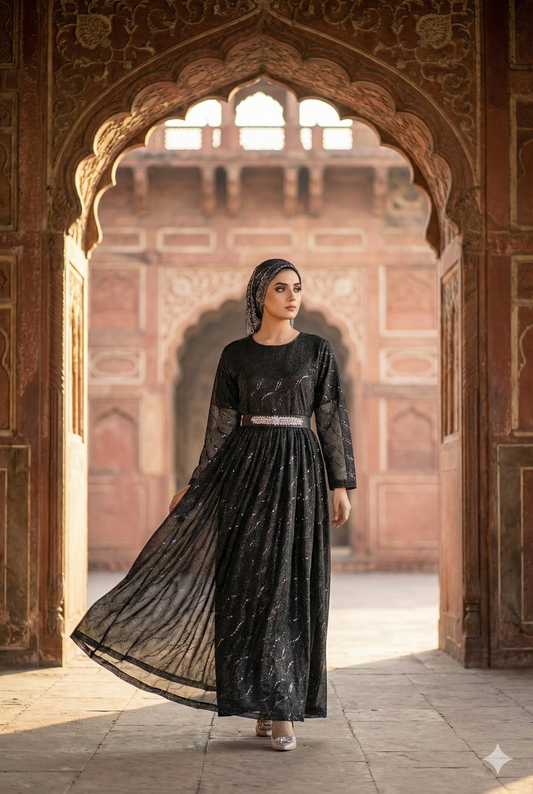 3-PC Black Moonlight Stitched Maxi with Wave Pattern