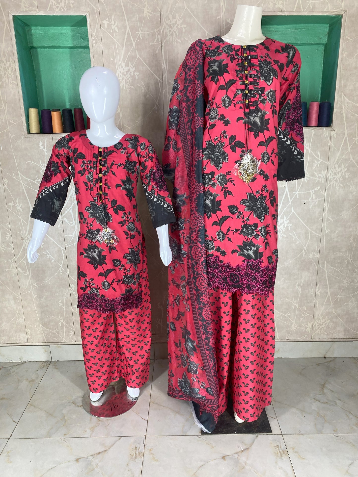 3PC Stitched Lawn Suit – Embroidered Sleeves & Daman | Fancy Tassel Neck Design
