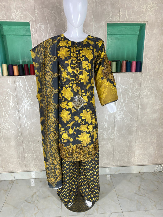 3PC Stitched Lawn Suit – Embroidered Sleeves & Daman | Fancy Tassel Neck Design