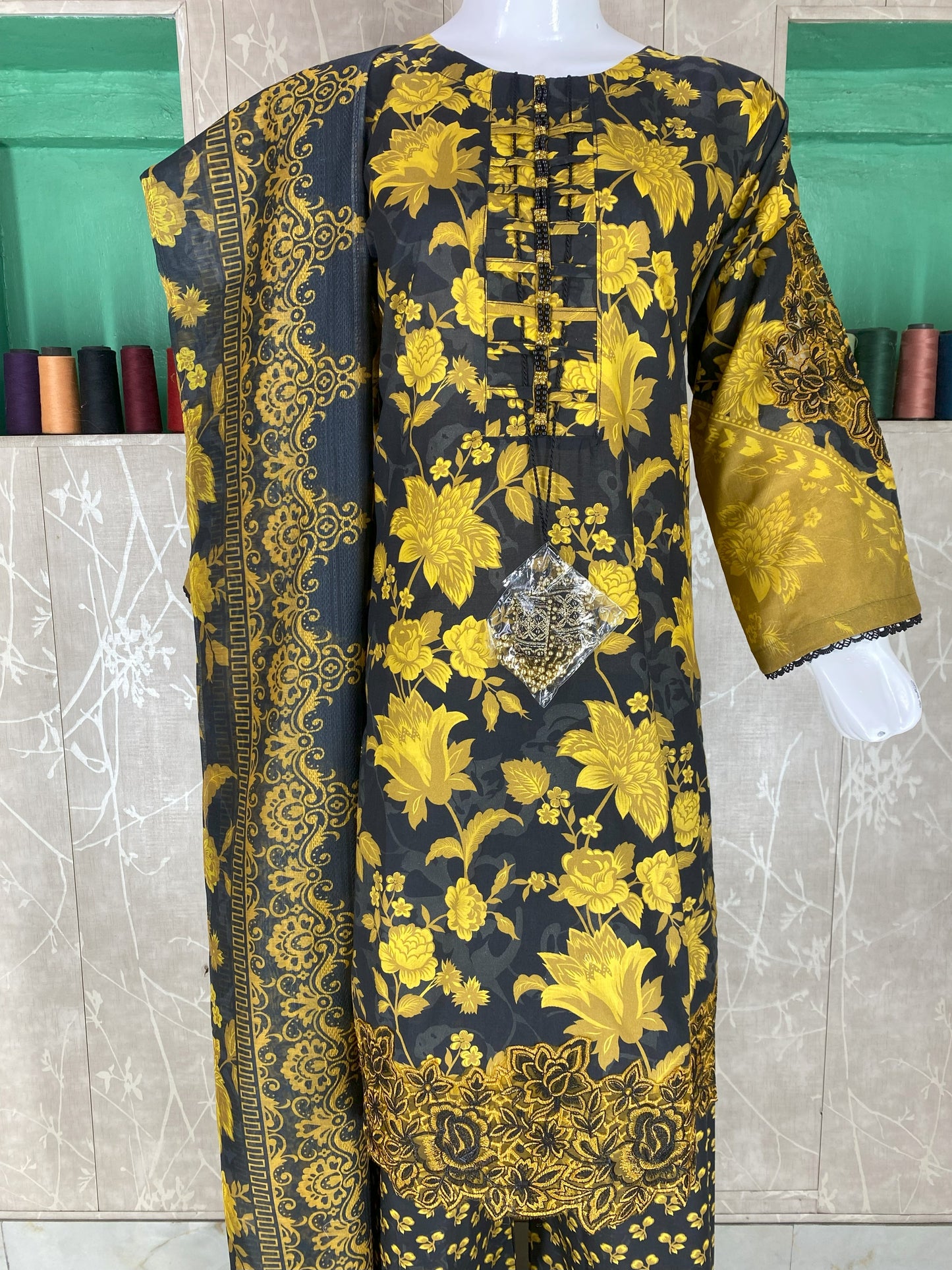 3PC Stitched Lawn Suit – Embroidered Sleeves & Daman | Fancy Tassel Neck Design