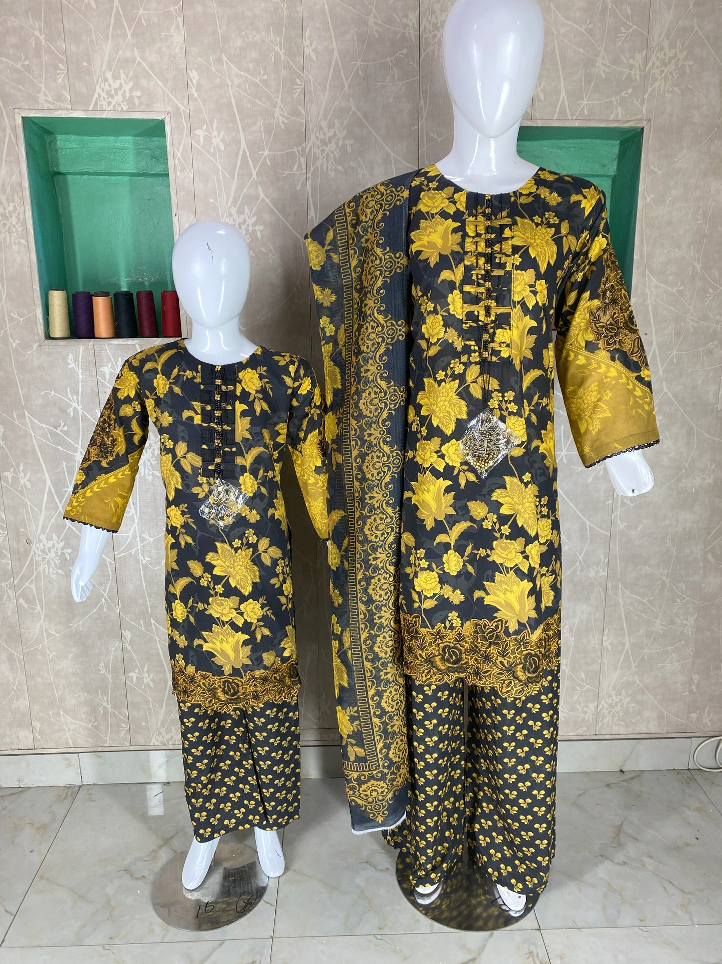 3PC Stitched Lawn Suit – Embroidered Sleeves & Daman | Fancy Tassel Neck Design