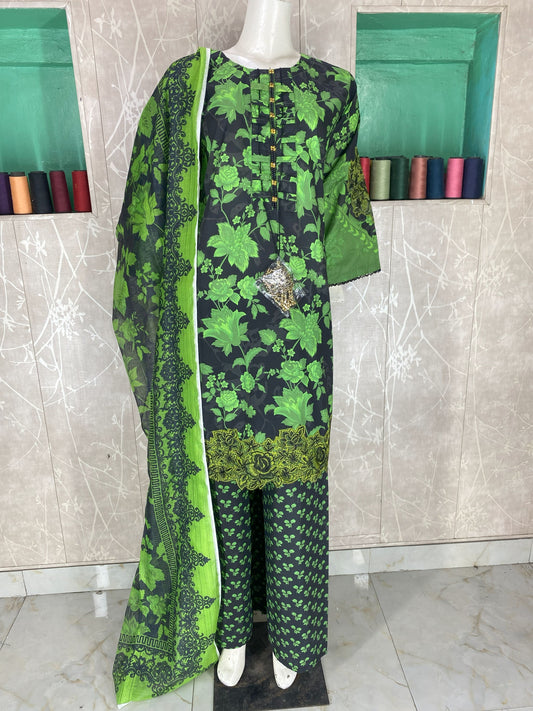 3PC Stitched Lawn Suit – Embroidered Sleeves & Daman | Fancy Tassel Neck Design