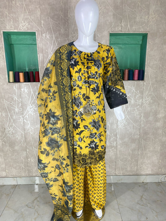 3PC Stitched Lawn Suit – Embroidered Sleeves & Daman | Fancy Tassel Neck Design
