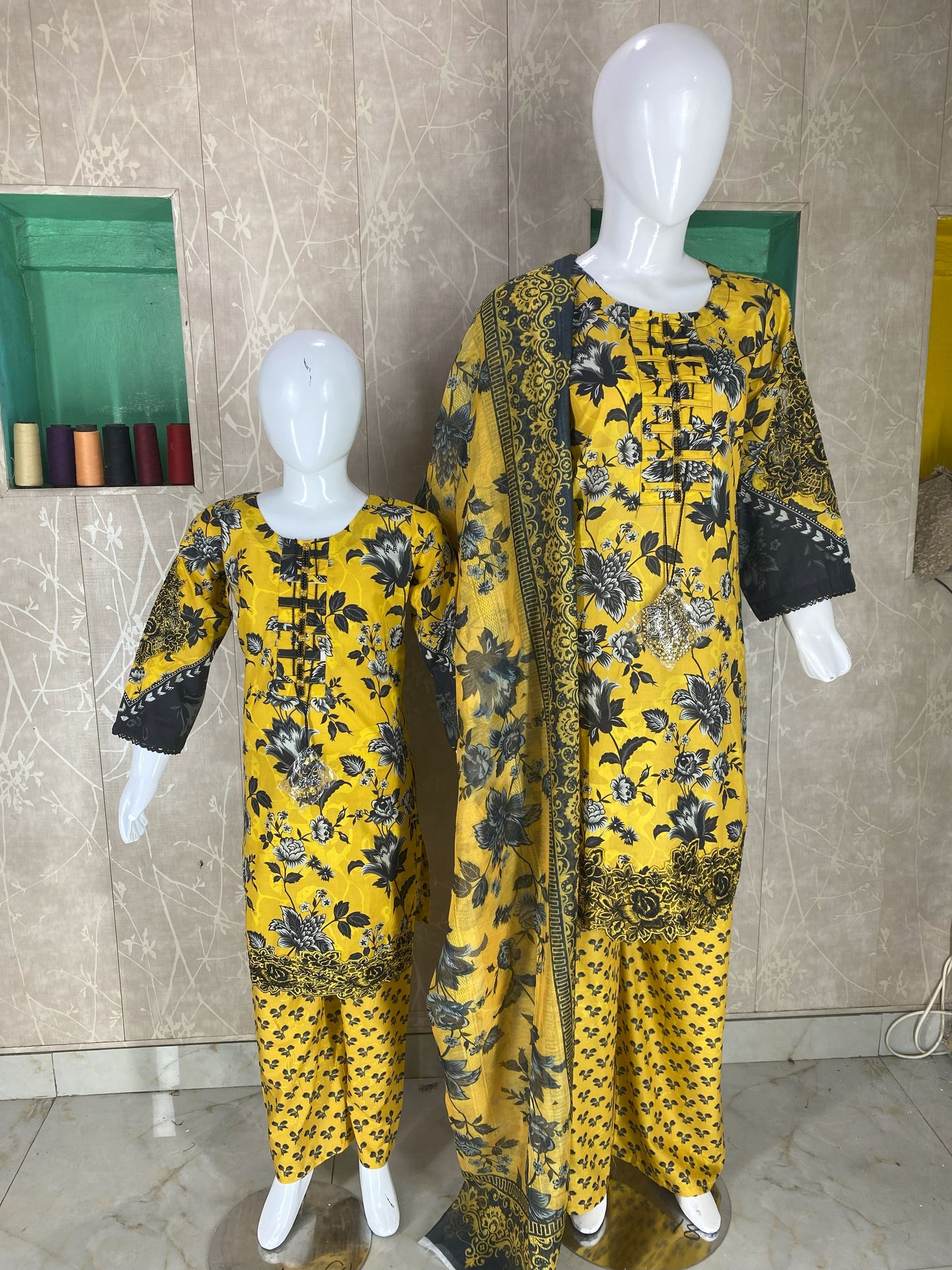3PC Stitched Lawn Suit – Embroidered Sleeves & Daman | Fancy Tassel Neck Design