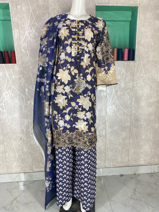 3PC Stitched Lawn Suit – Embroidered Sleeves & Daman | Fancy Tassel Neck Design