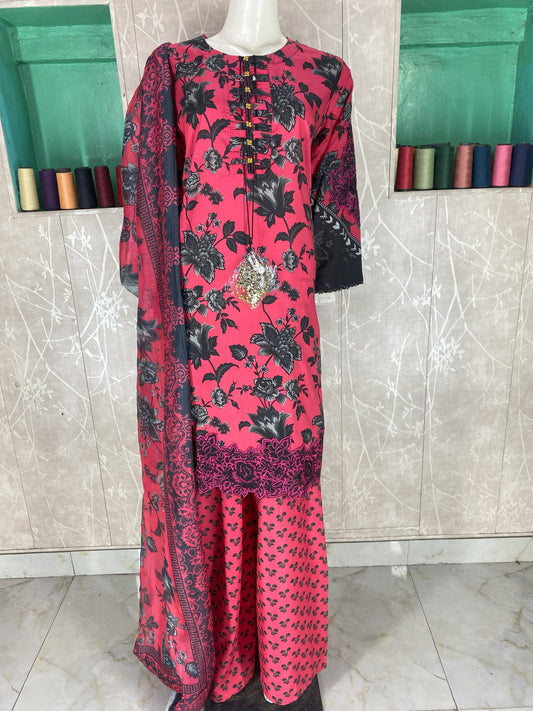 3PC Stitched Lawn Suit – Embroidered Sleeves & Daman | Fancy Tassel Neck Design