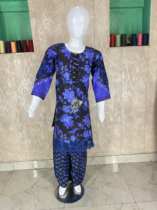Kids 2PC Stitched Lawn Suit – Embroidered Sleeves & Daman | Fancy Tassel Neckline